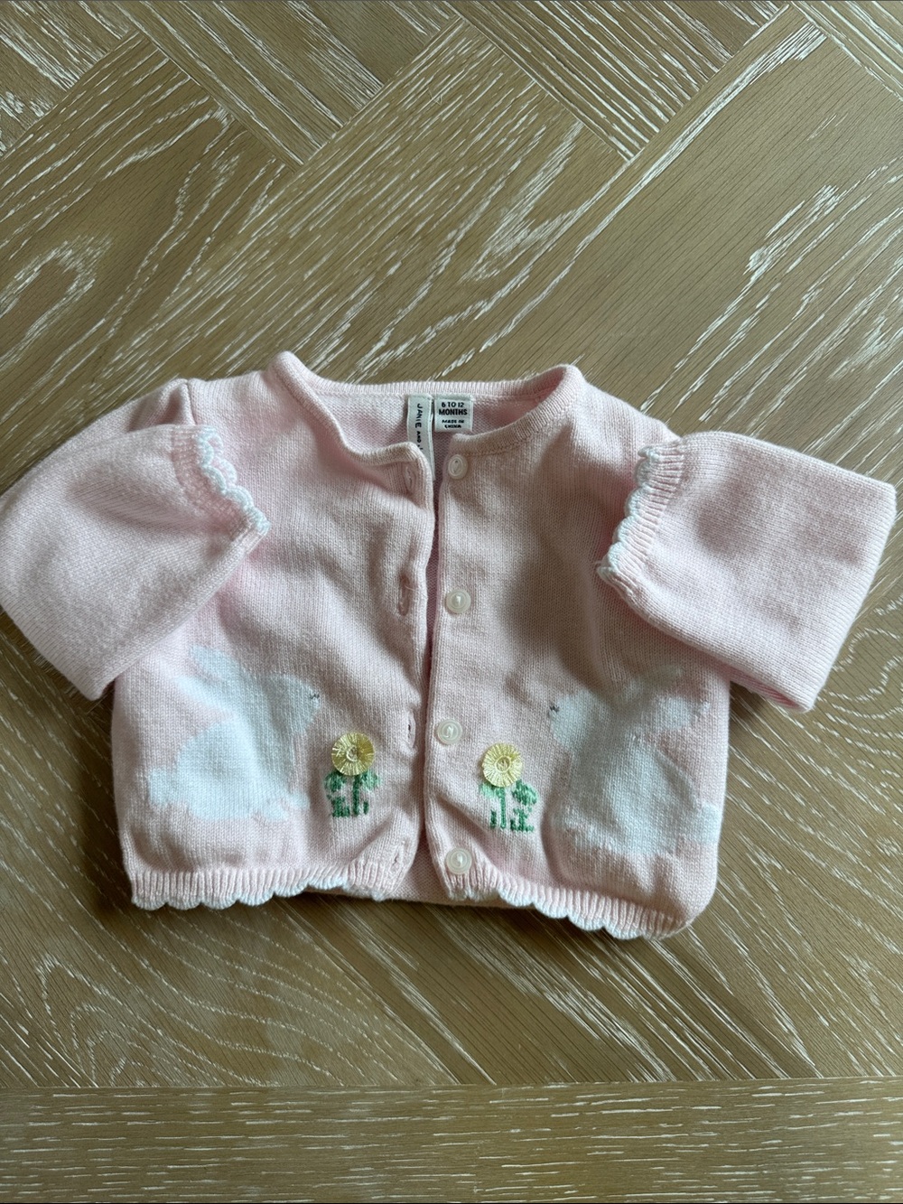 Baby Pink Knit Cardigan with Bunnies and Floral  Embroidery